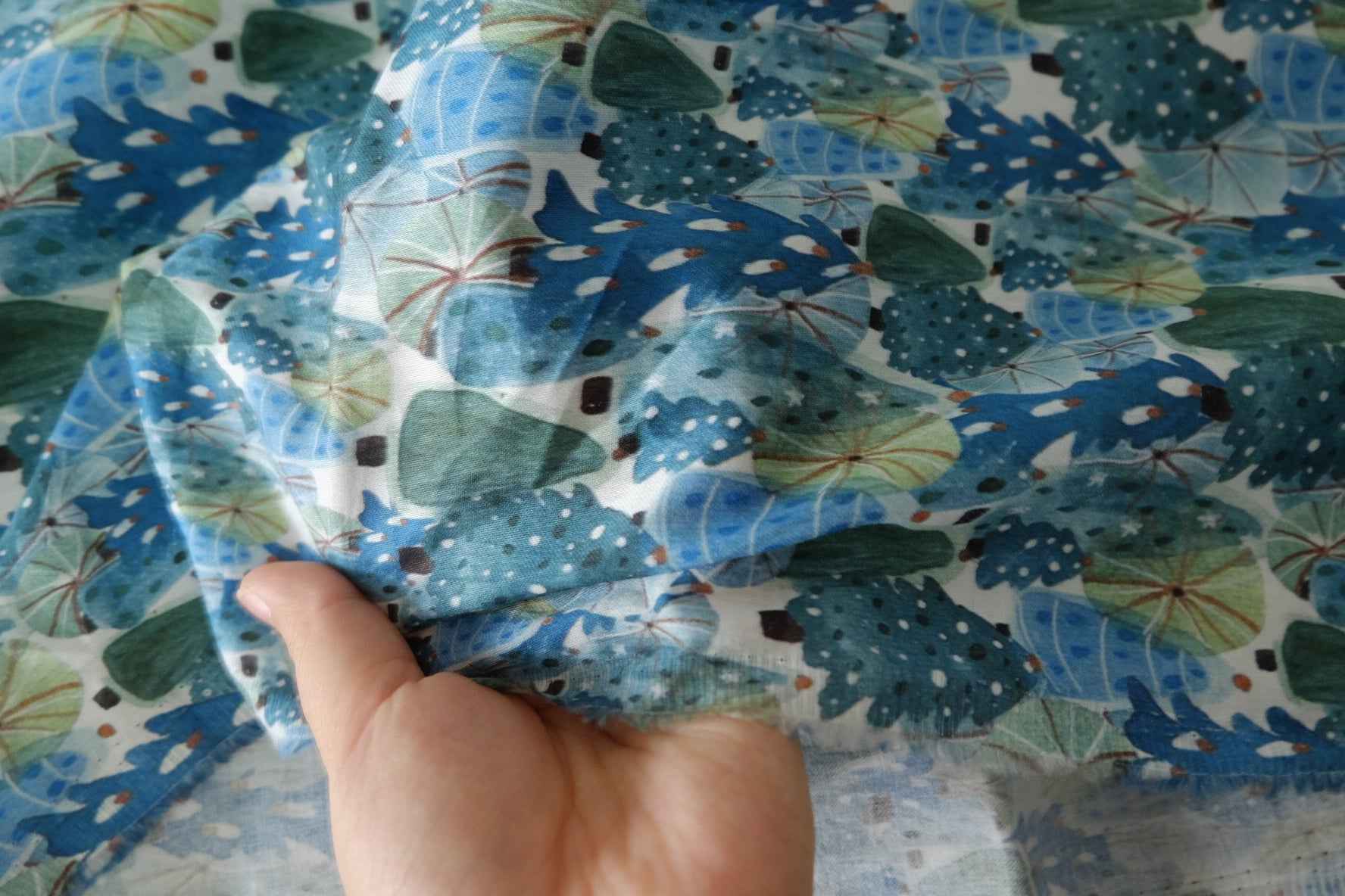 Blue Green Botanical Cotton Sateen Fabric – 1.6 yd