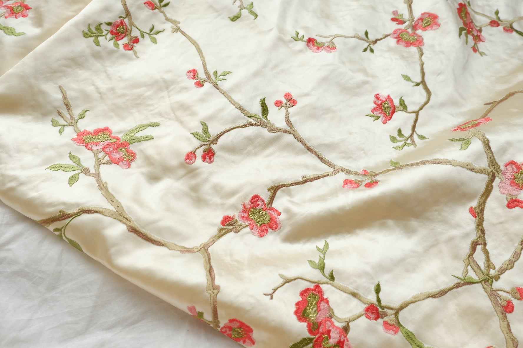 Embroidered Blossom Satin Fabric, Ivory Floral Branches,  2.19 Yards