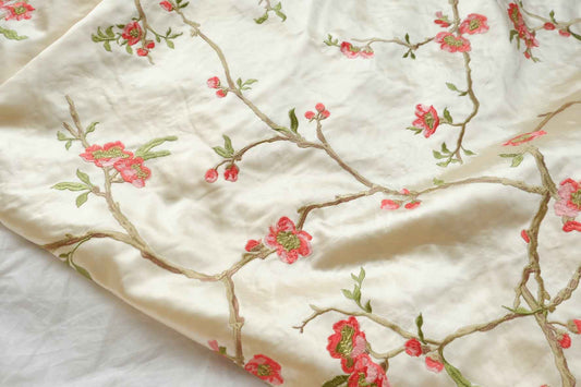 Embroidered Blossom Satin Fabric, Ivory Floral Branches,  2.19 Yards