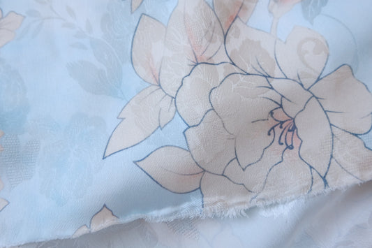 Pale Blue Floral Rayon-Acetate Jacquard Satin Fabric - 1.64 yd