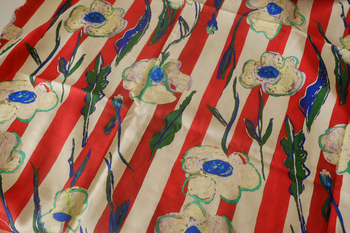 Red Stripe Painterly Floral Linen Cotton – 2.2 yd / 1.6 yd
