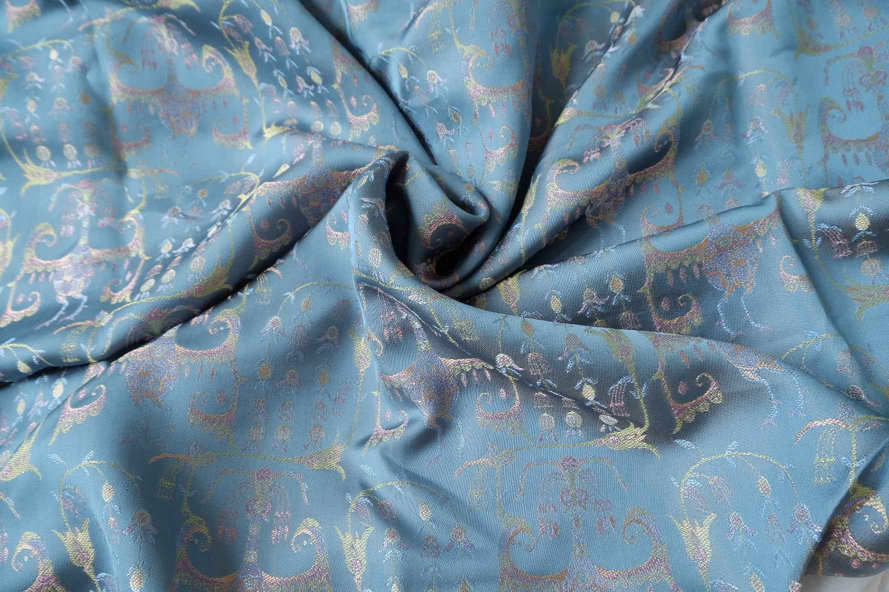 Silk Double-Sided Brocade Fabric, Fantasy Creature Jacquard in Dusty Blue, 2.19 Yards