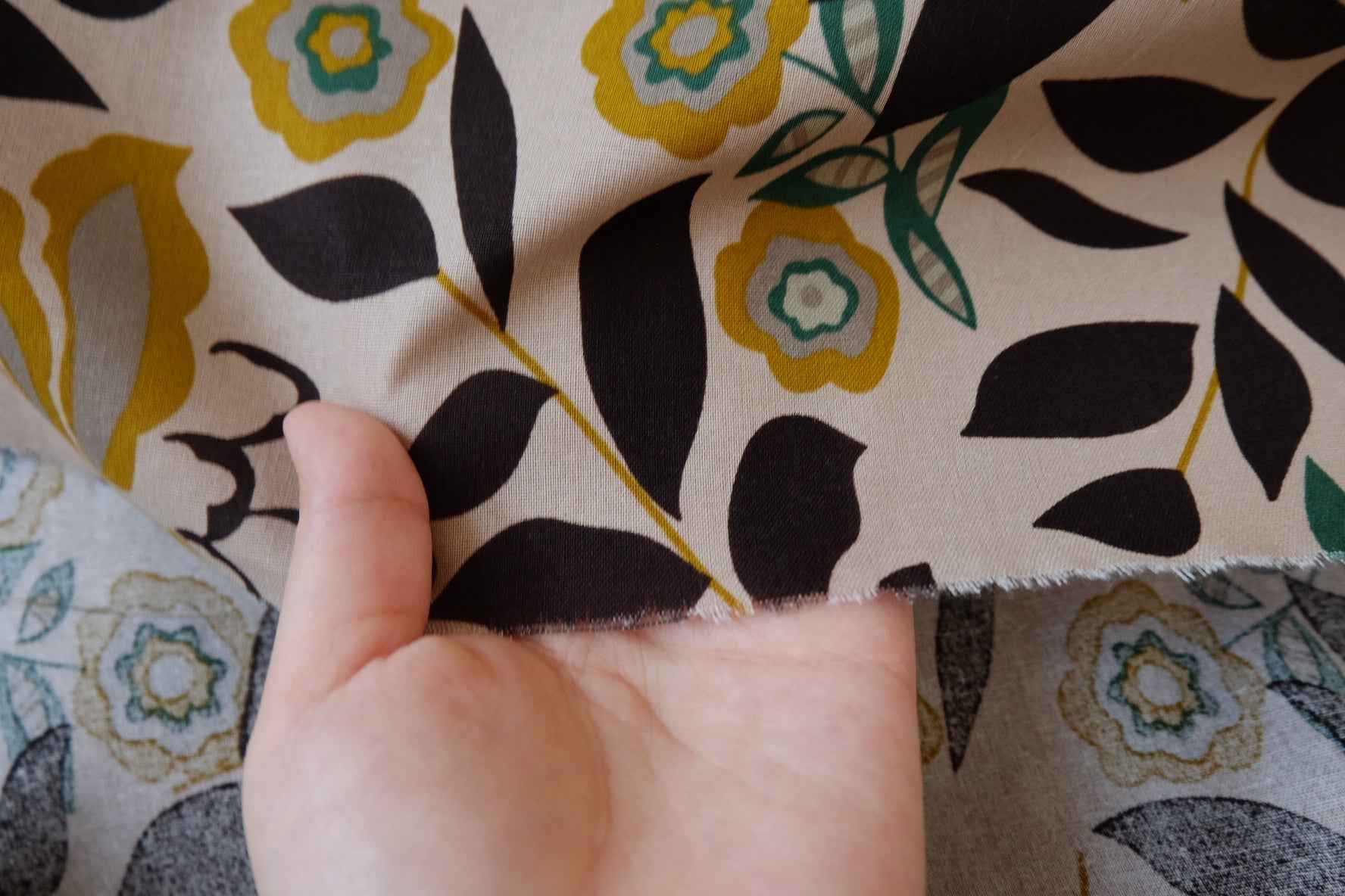 Mustard Floral Cotton Linen Fabric - 1.64 yd