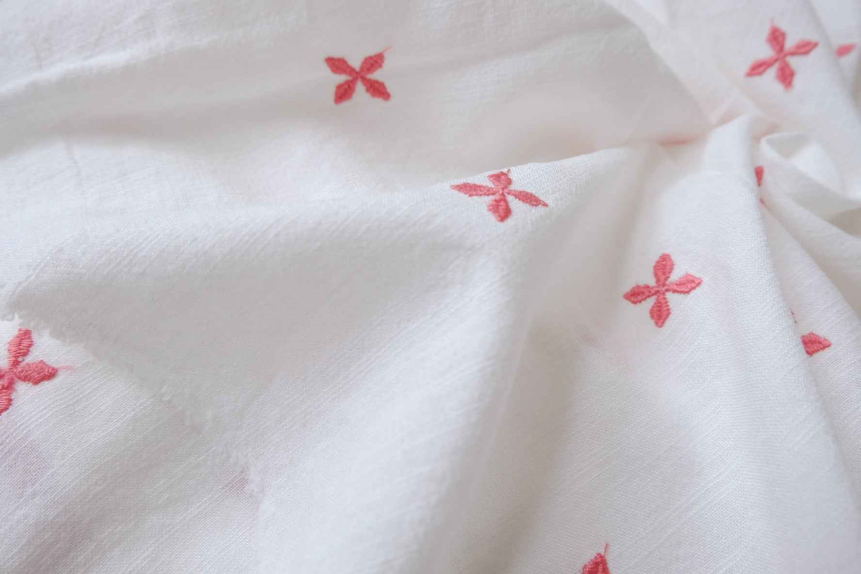 Soft White Slub Cotton Linen Embroidered Fabric, Pink Floral Sprigs, 2.19 Yards