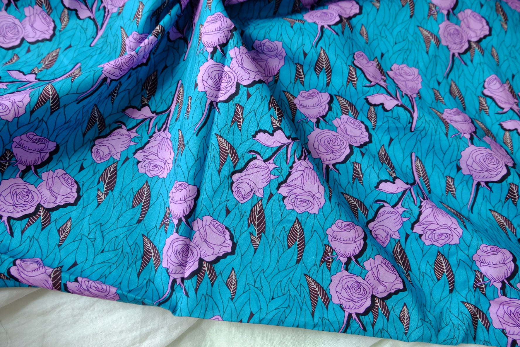 Teal Purple Rose Cotton Lawn Fabric - 2.30 yd