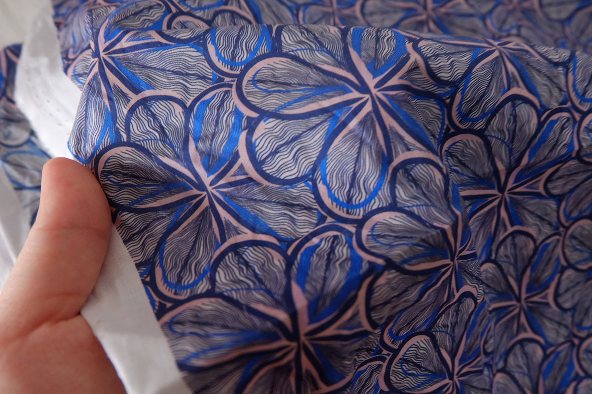 Blue Petal Linework Cotton Lawn — 1 yd