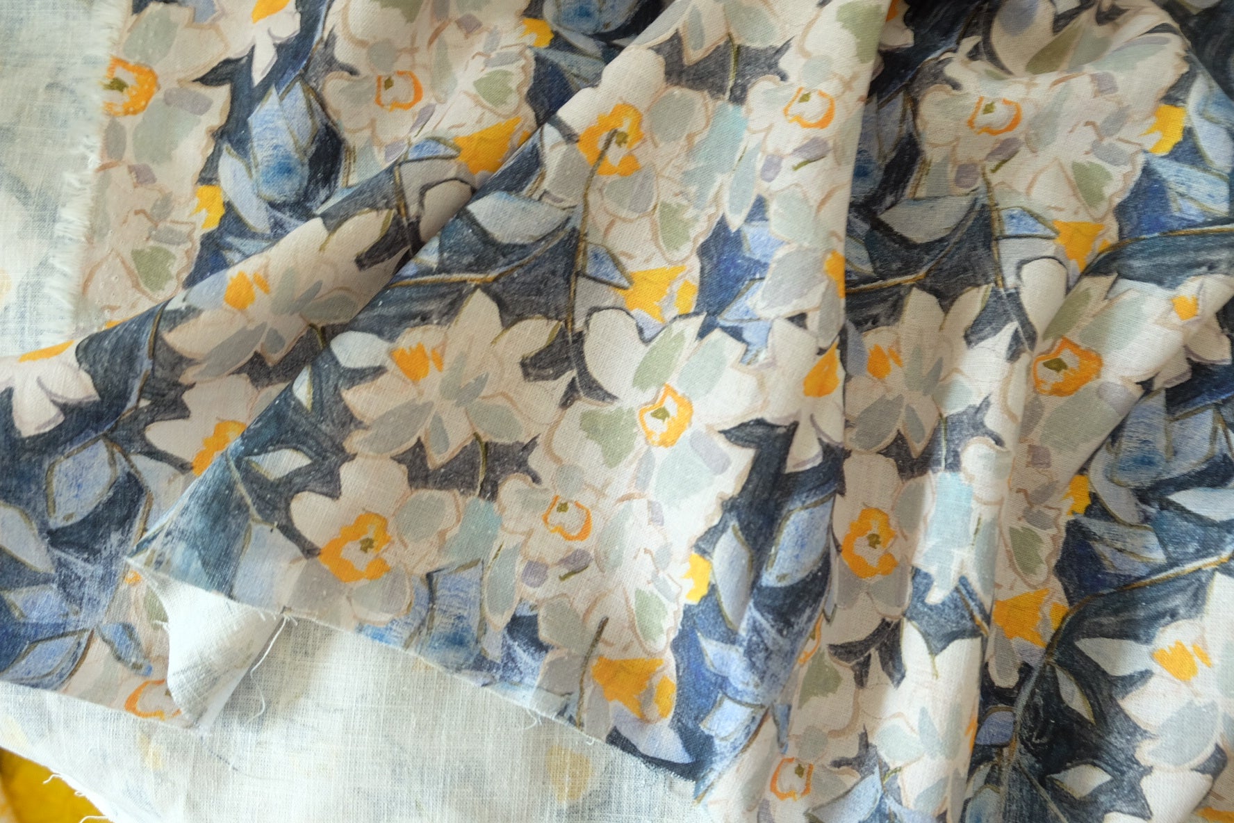 Watercolor Floral Pure Linen Fabric – Blue & Cream Botanical Print – 2.19 yd