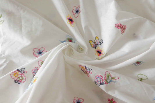 White Floral & Butterfly Embroidered Cotton Fabric – 1.9 yd