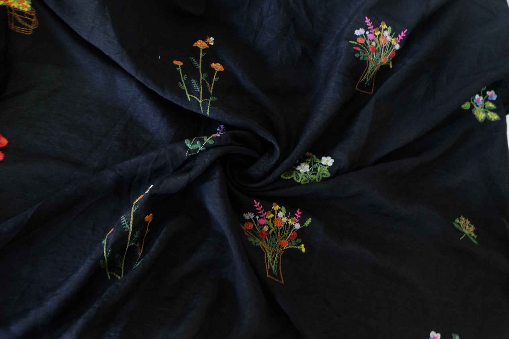 Black Embroidered Floral Tencel Cotton Fabric – 2.2 yd
