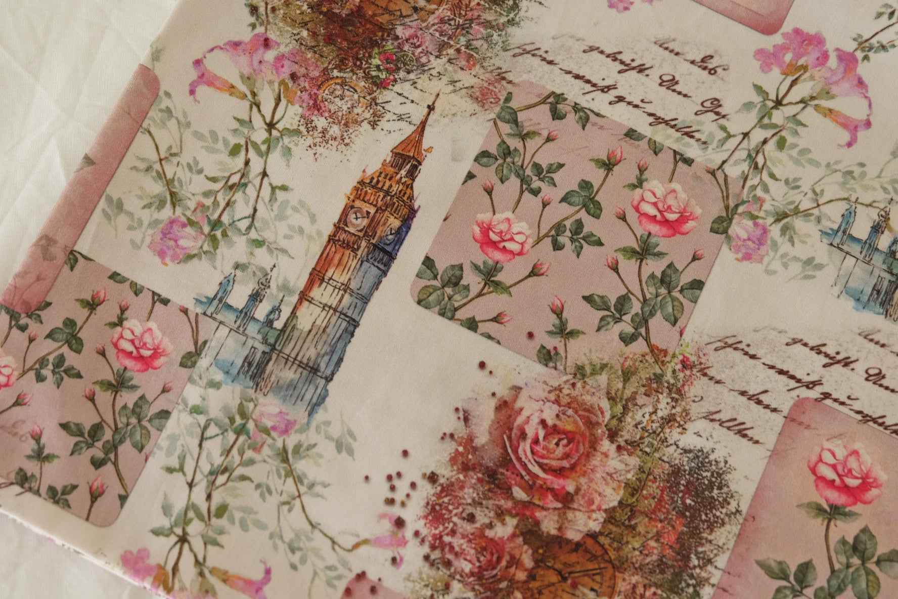 60s Cotton Sateen Printed Fabric – 1 Yard Vintage Floral & City Postcard Design