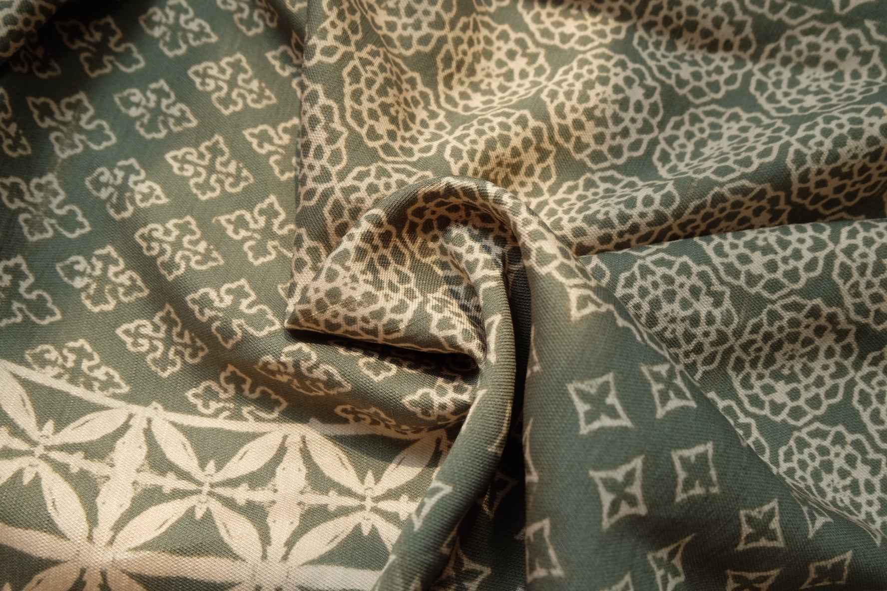 Muted Green Geometric Floral Fabric, Soft Dress Weight Poly Cotton Blend, 3.28 Yards