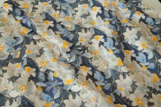 Watercolor Floral Pure Linen Fabric – Blue & Cream Botanical Print – 2.19 yd