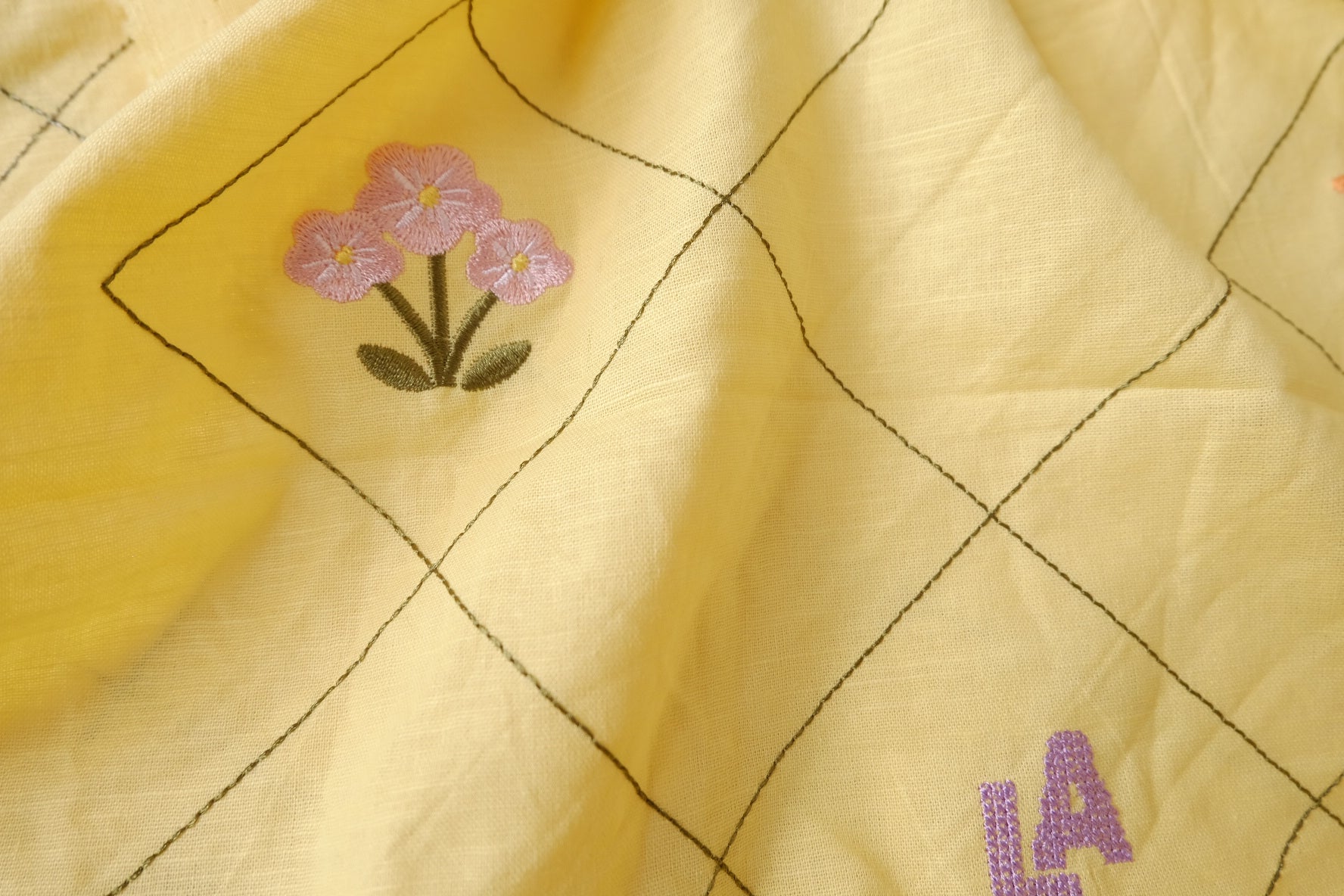 Yellow Embroidered Grid Linen Cotton, 2.19 Yards