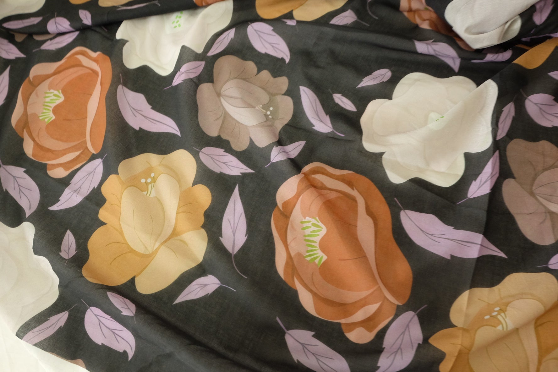 Black Oversized Floral 100s Cotton Fabric - 3.3 yd