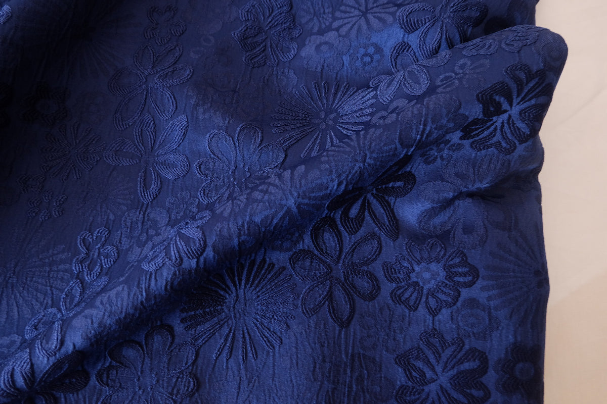 Midnight Blue Floral Jacquard – Polyester Satin Brocade Fabric | 2.2 Yards