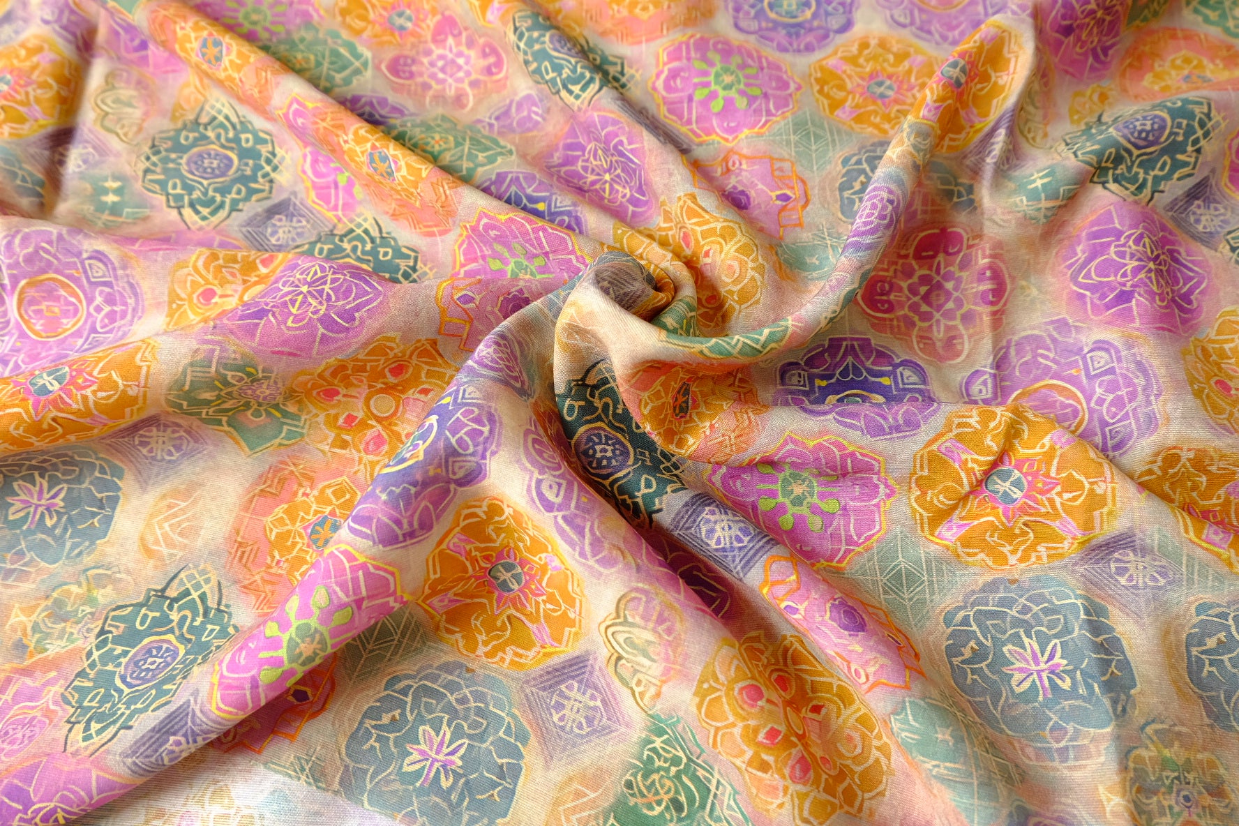 Colorful Tile Motif Cotton-Nylon Shirting Fabric — 2.19 yd