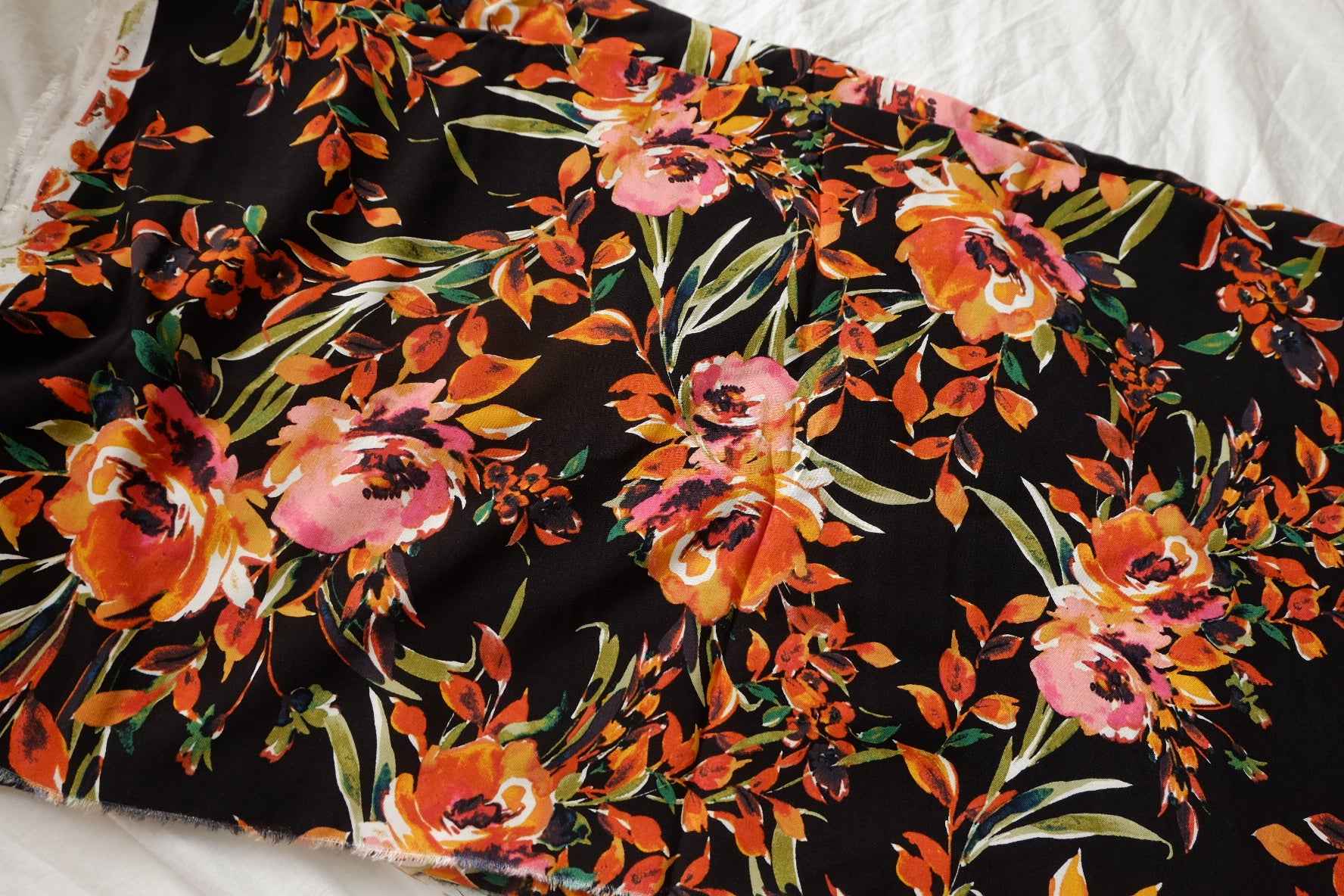 Black Tropical Floral Rayon Challis Fabric - 3.28 yd