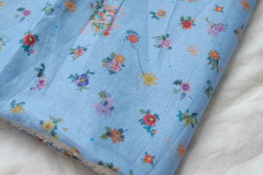 Soft Blue Floral Linen Cotton Fabric, Lightweight and Airy for Dresses and Blouses, 3.28 Yards