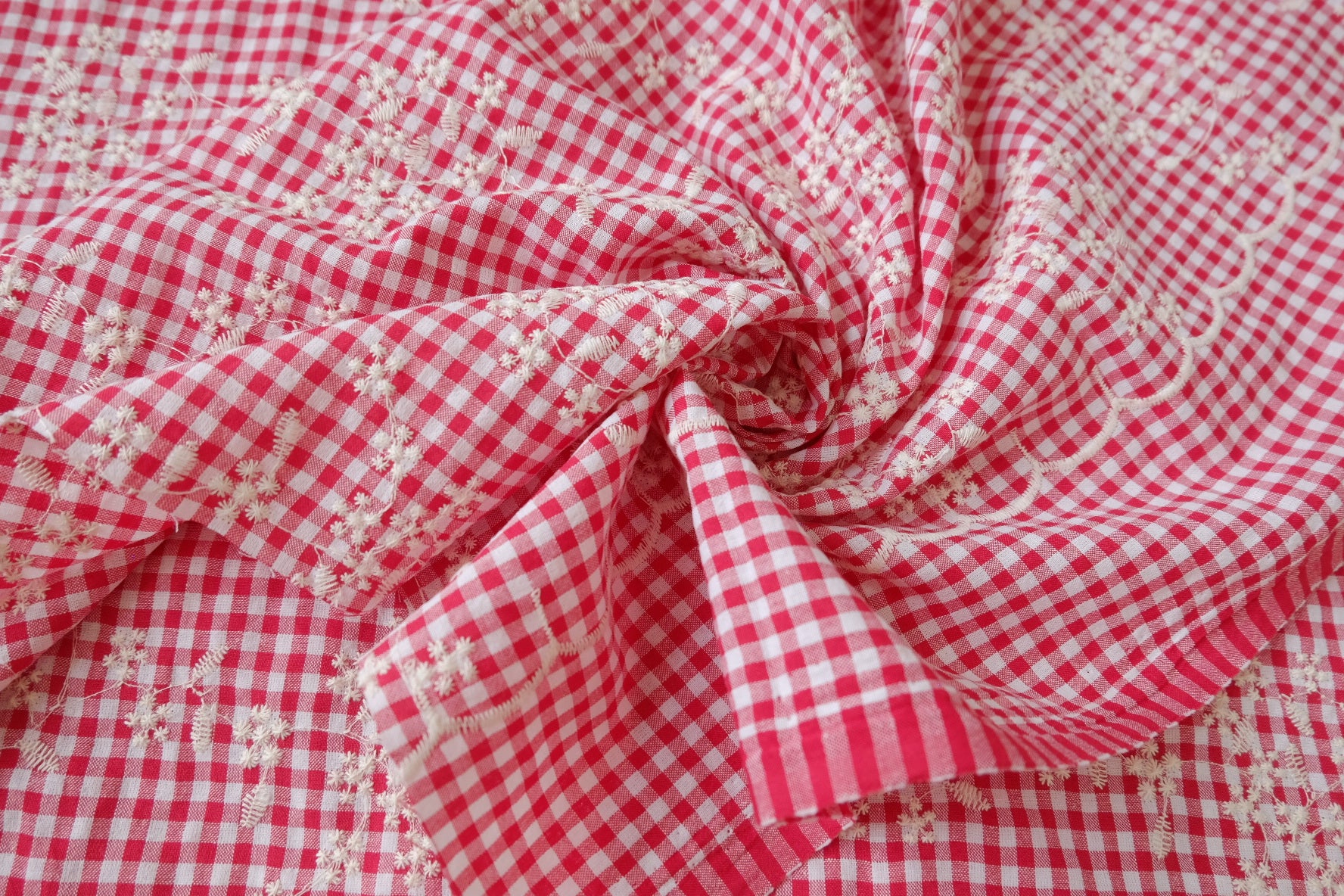 Red Gingham Embroidered Cotton Nylon, 2.19 Yards