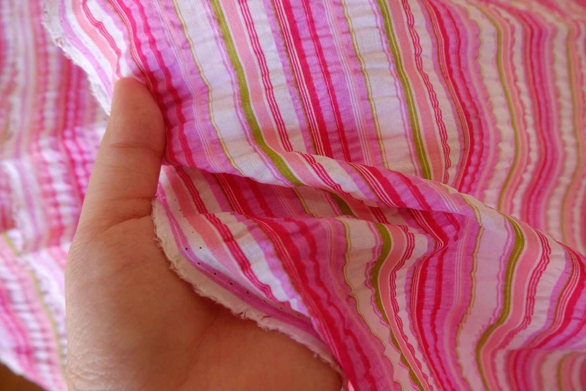 Pink Candy Stripe Textured Cotton Seersucker Fabric – 2.19 yd