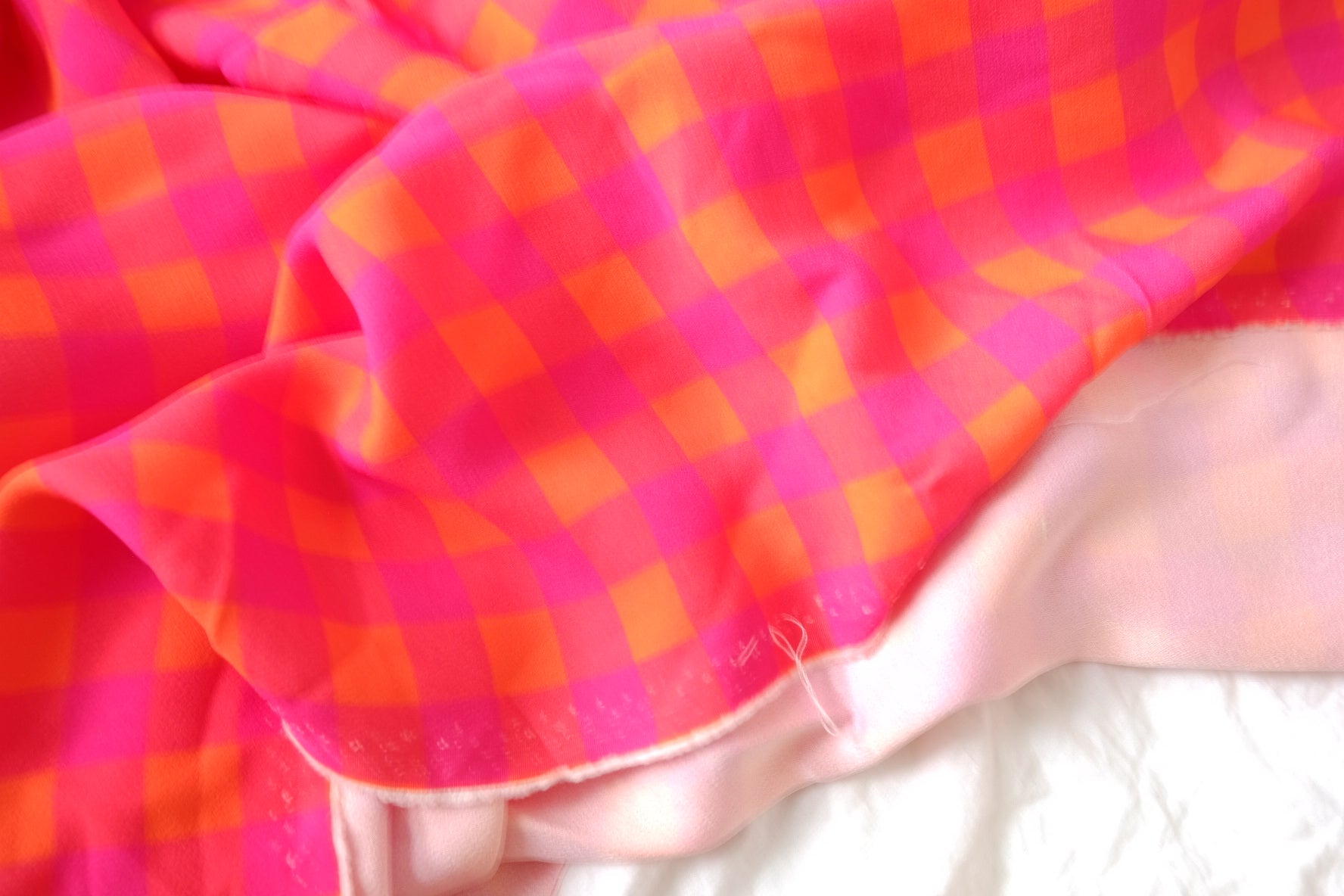 Bold Pink & Orange Checked Cupro Fabric, 3.28 Yards