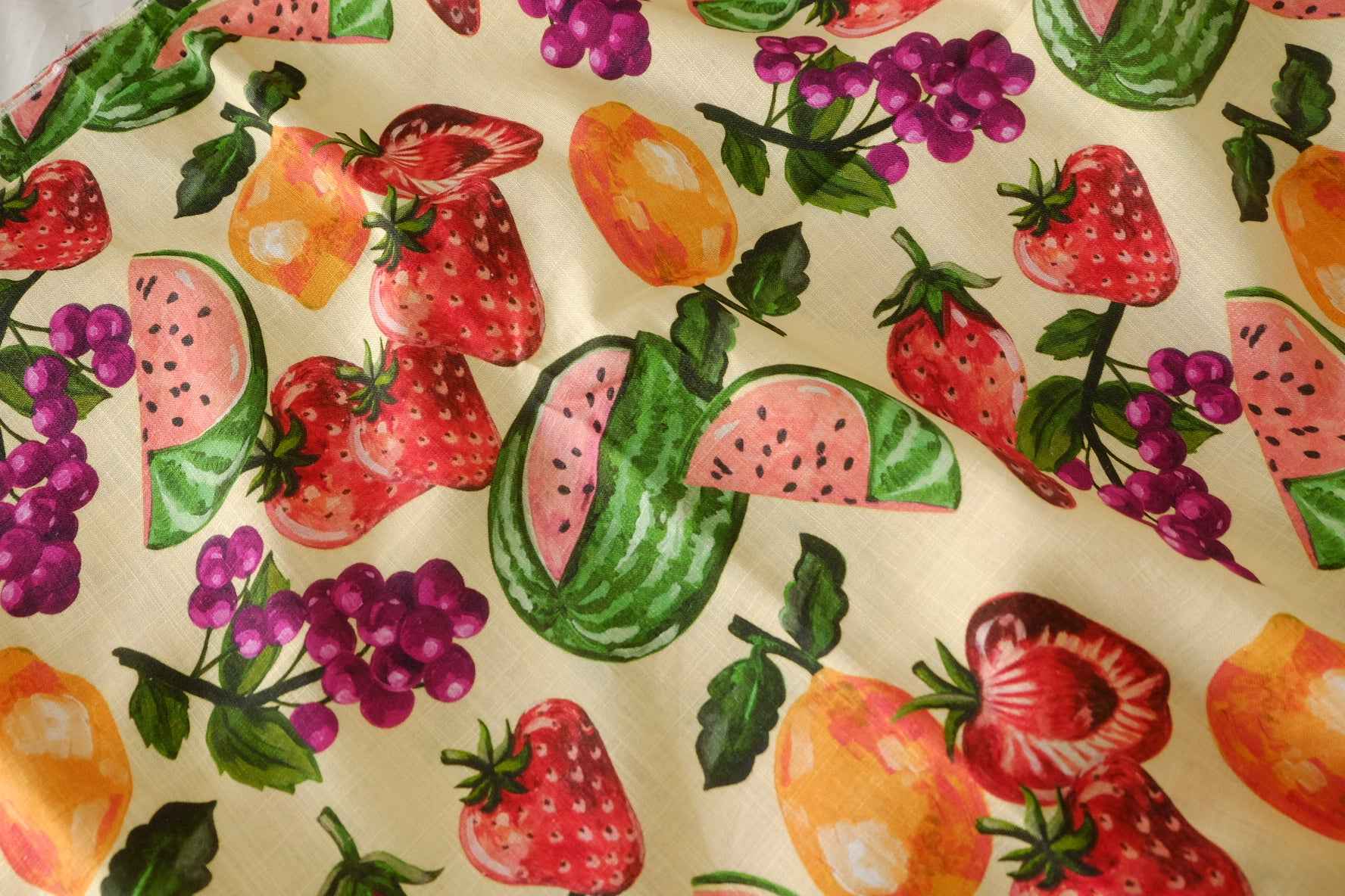 Linen Cotton Blend Fabric – Colorful Summer Fruit Print – 2.2 yd