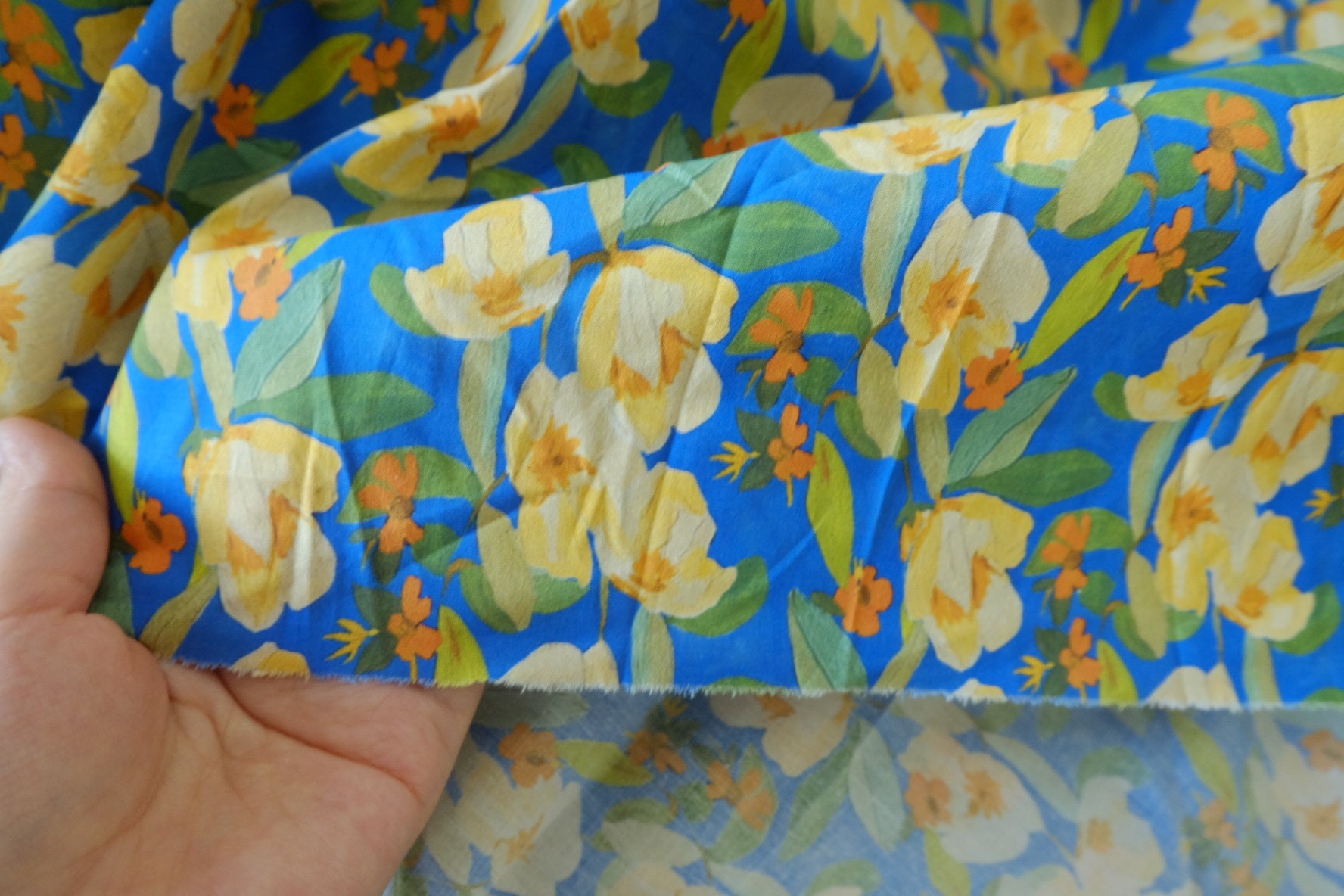 Blue Yellow Floral Cotton Lawn Fabric – 2.2 yd