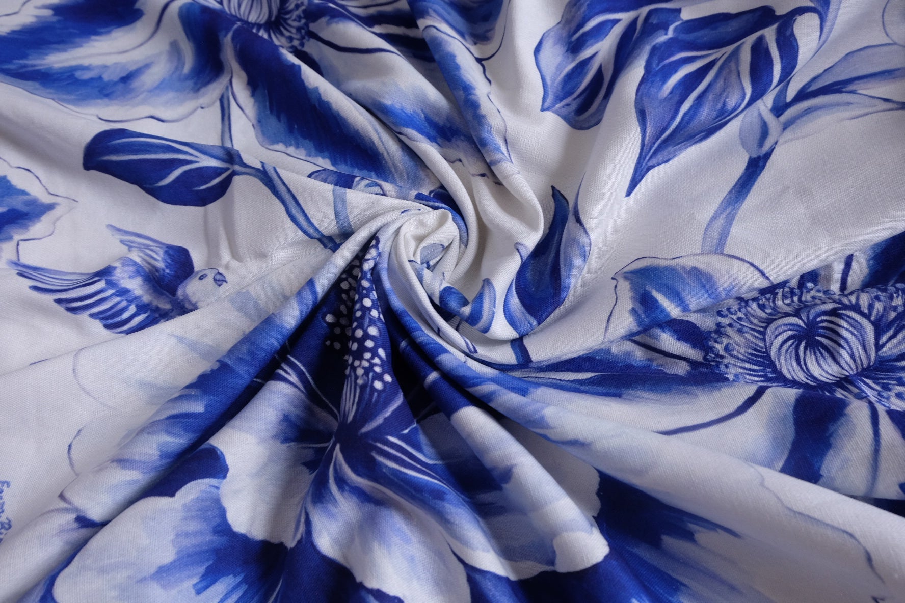Blue Watercolor Floral Linen Deadstock Fabric - 2.73 yd