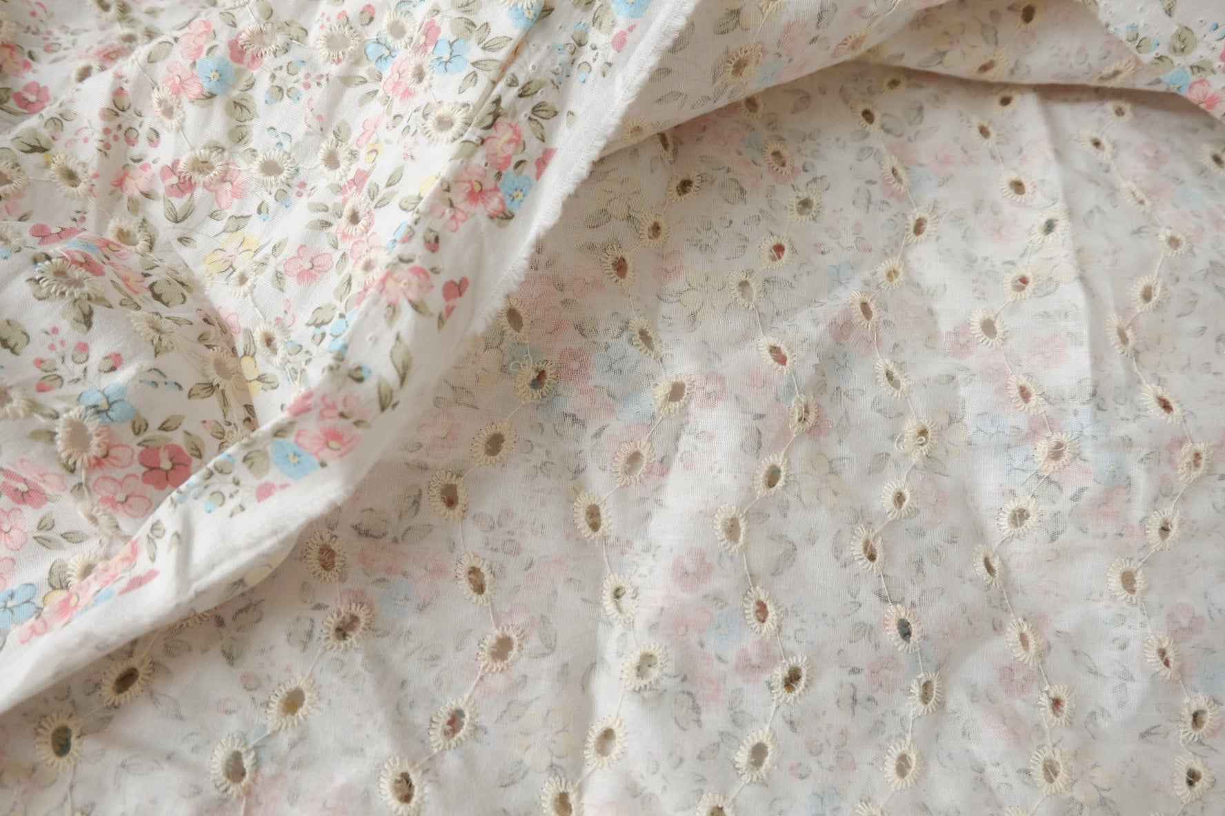 Floral Eyelet Embroidered Cotton Fabric, Soft Crisp Blouse Weight, 1.91 Yards