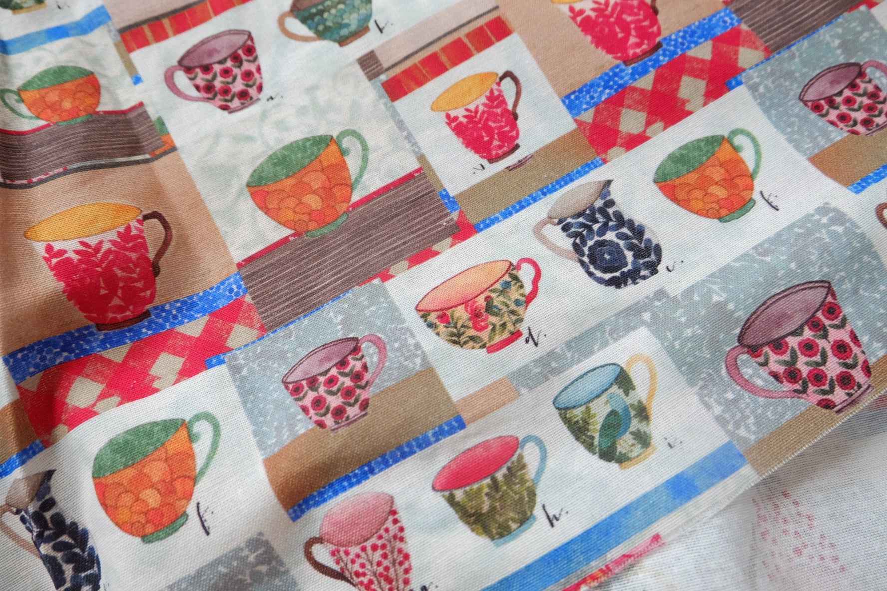 Teacup Collage Cotton Linen Fabric - 1.64 yd