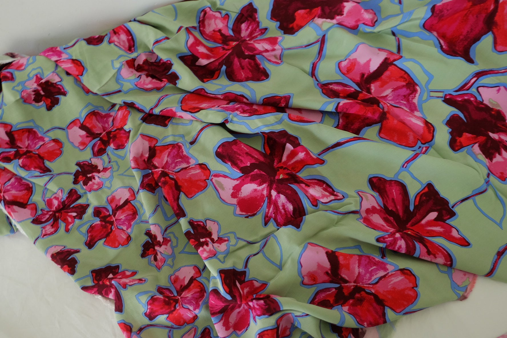 Designer Deadstock Rayon Fabric – Bold Floral Print on Sage Green – 2.7 yd