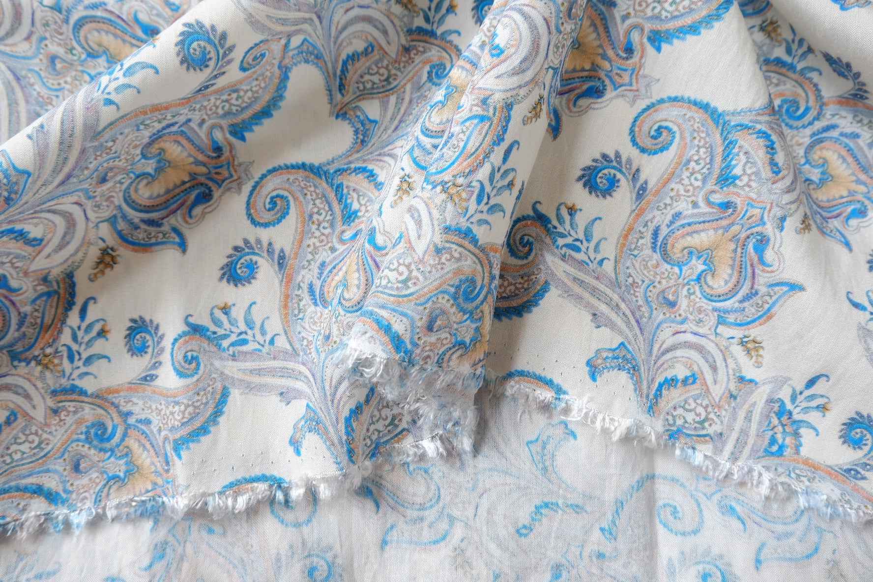 Sky Blue Paisley Tencel Cotton Fabric, Lightweight Airy Dress Weight, 3.28 Yards