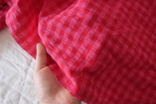 Berry Pink Seersucker Check Poly Cotton Fabric, 2.19 Yards