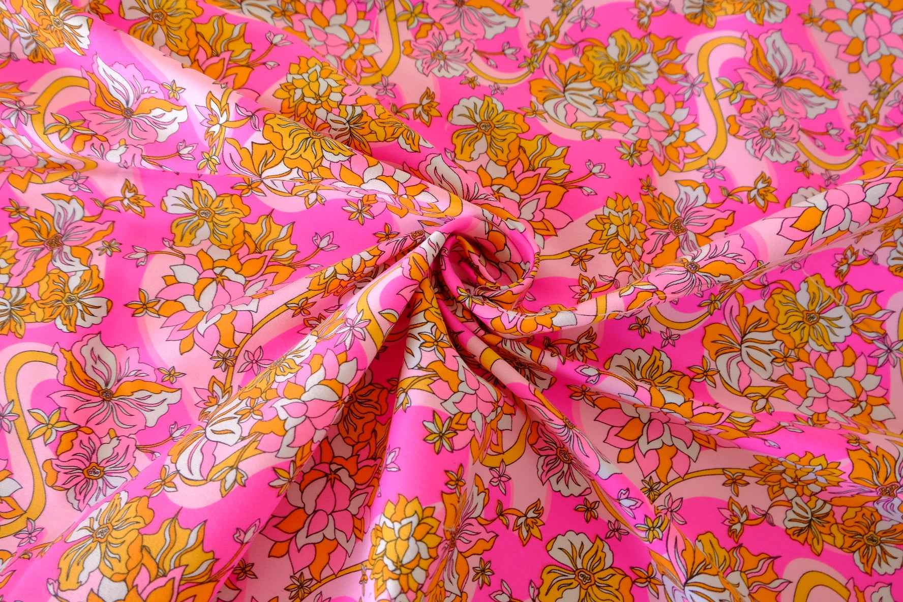 Bright Pink Vintage Floral Cotton Twill Fabric – 2.2 yd