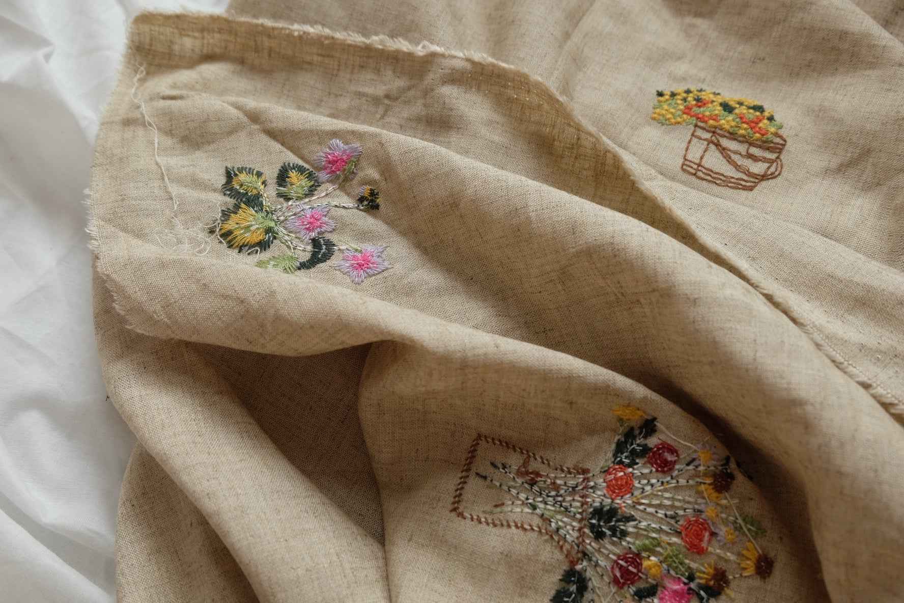 Embroidered Linen Rayon Blend Fabric, Pastoral Wildflower Motifs , 1.64 Yards