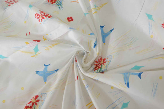 Whimsical Bird & Flower Cotton Fabric – 3.3 yd