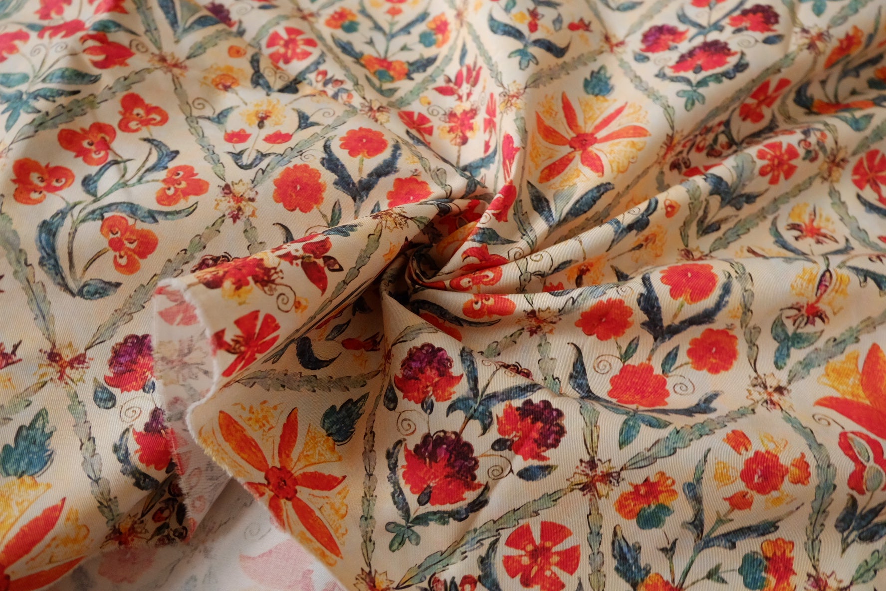 Vintage Tile Floral Cotton Twill Fabric — 1.64 yd