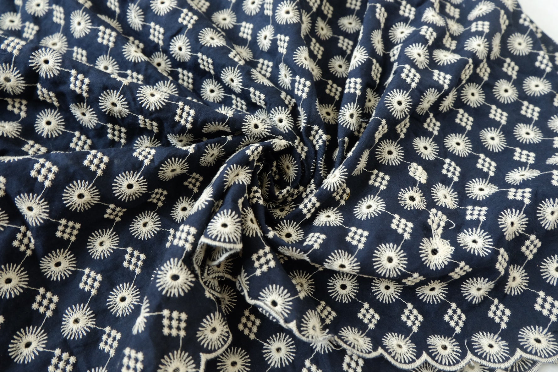Navy Embroidered Cotton Poplin Fabric, 1.53 Yards