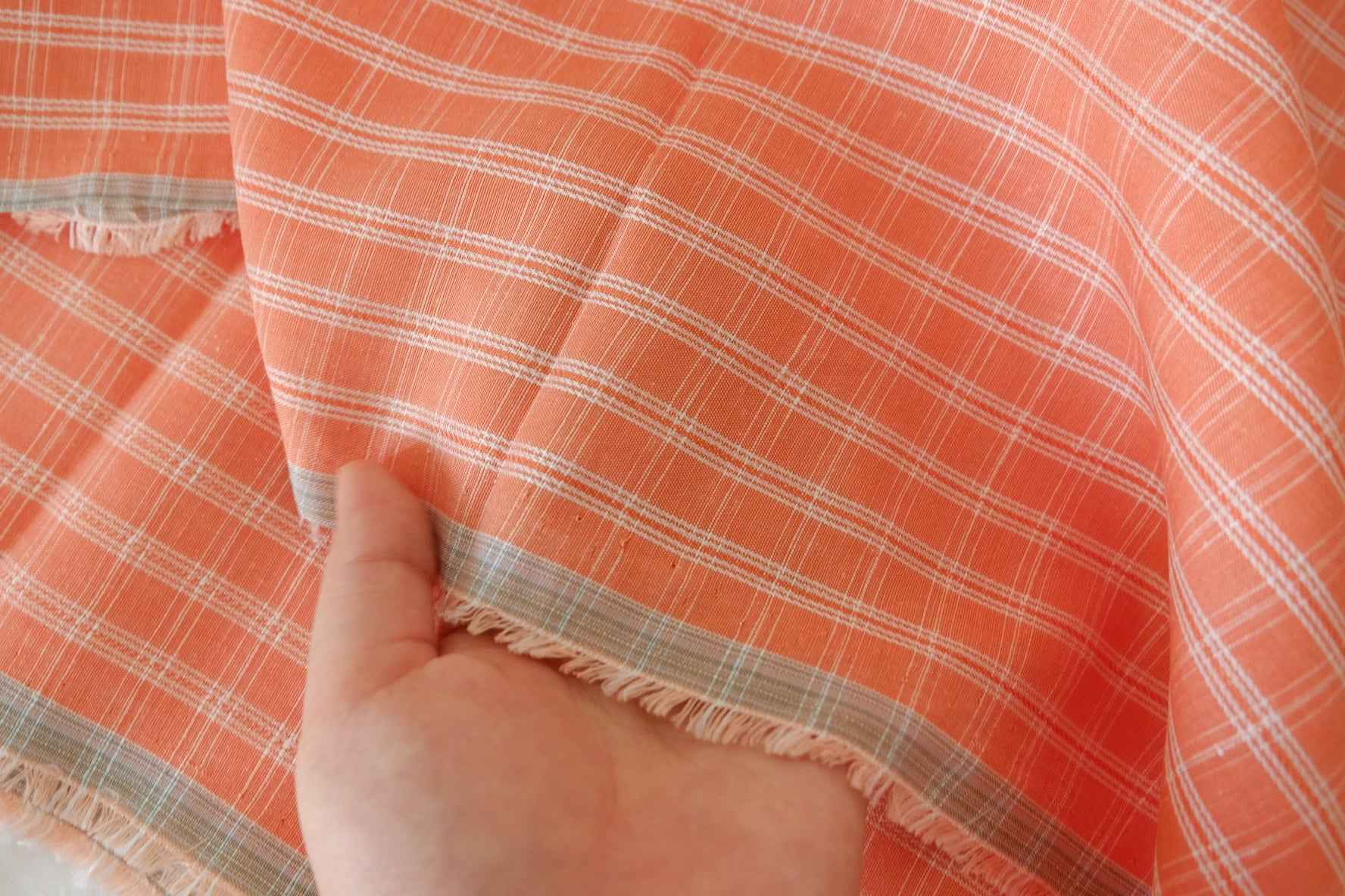 Linen Cotton Blend Gingham Fabric – Coral Orange Check – 1.6 yd