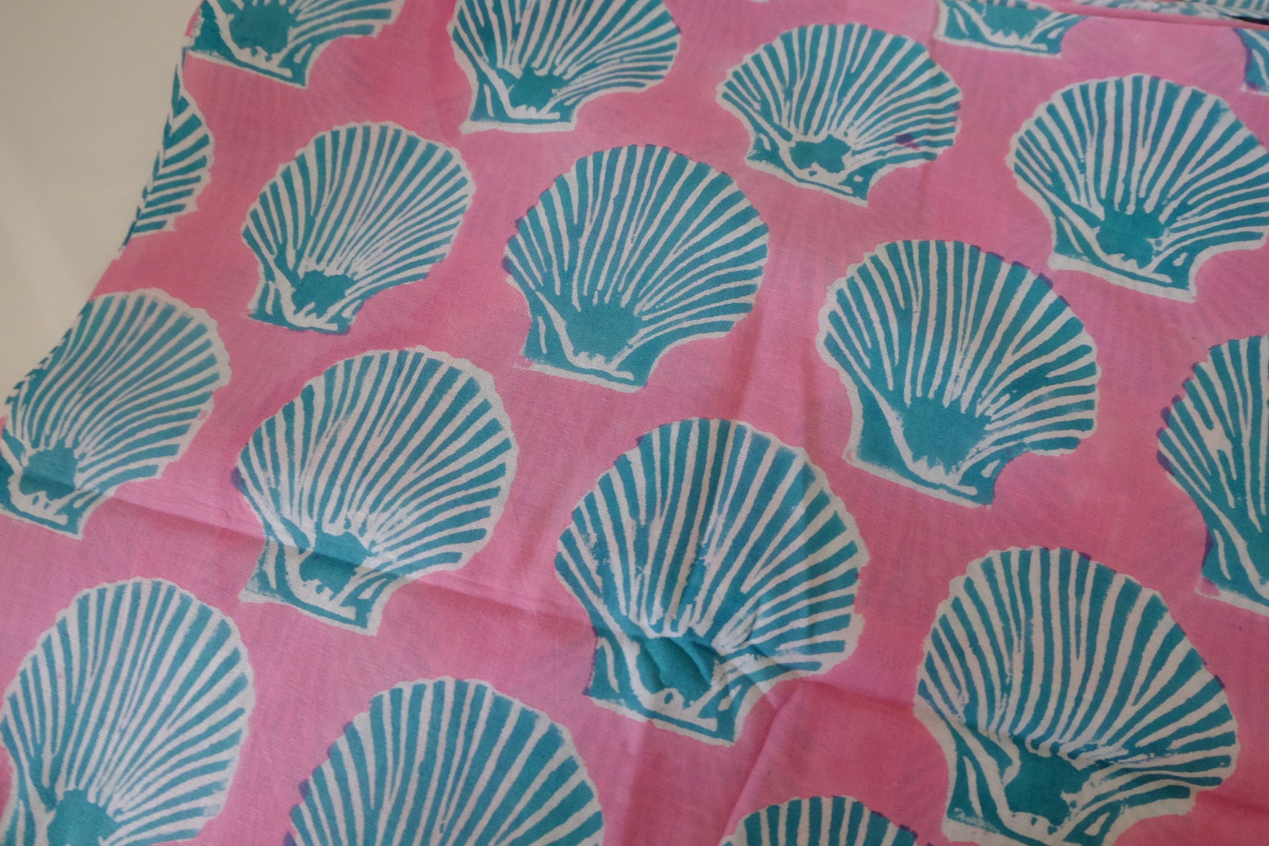 Hand Block Printed Indian Cotton Fabric – Shell Motif Pink Cotton – Sold by the Meter