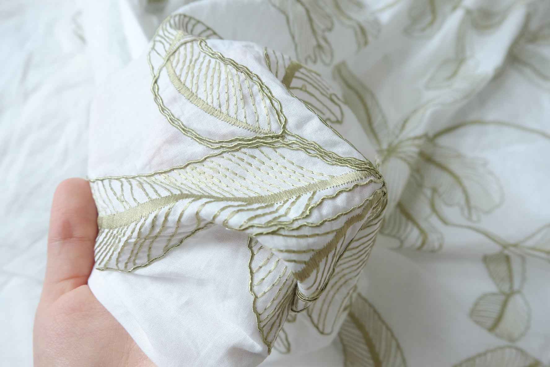 Embroidered Cotton Fabric, Ivory with Soft Botanical Vine Motifs, 2.84 Yards