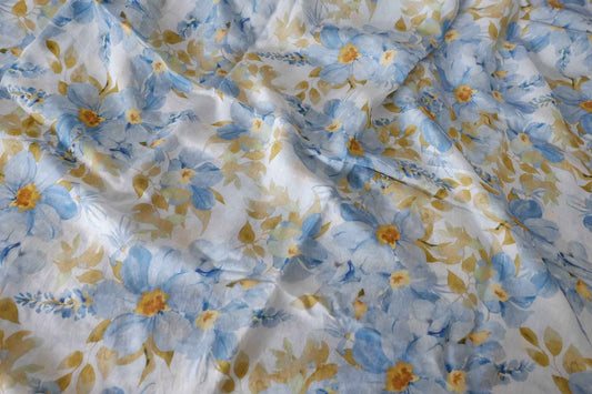 Blue Watercolor Floral Tencel Linen Blend Fabric – 5 yd