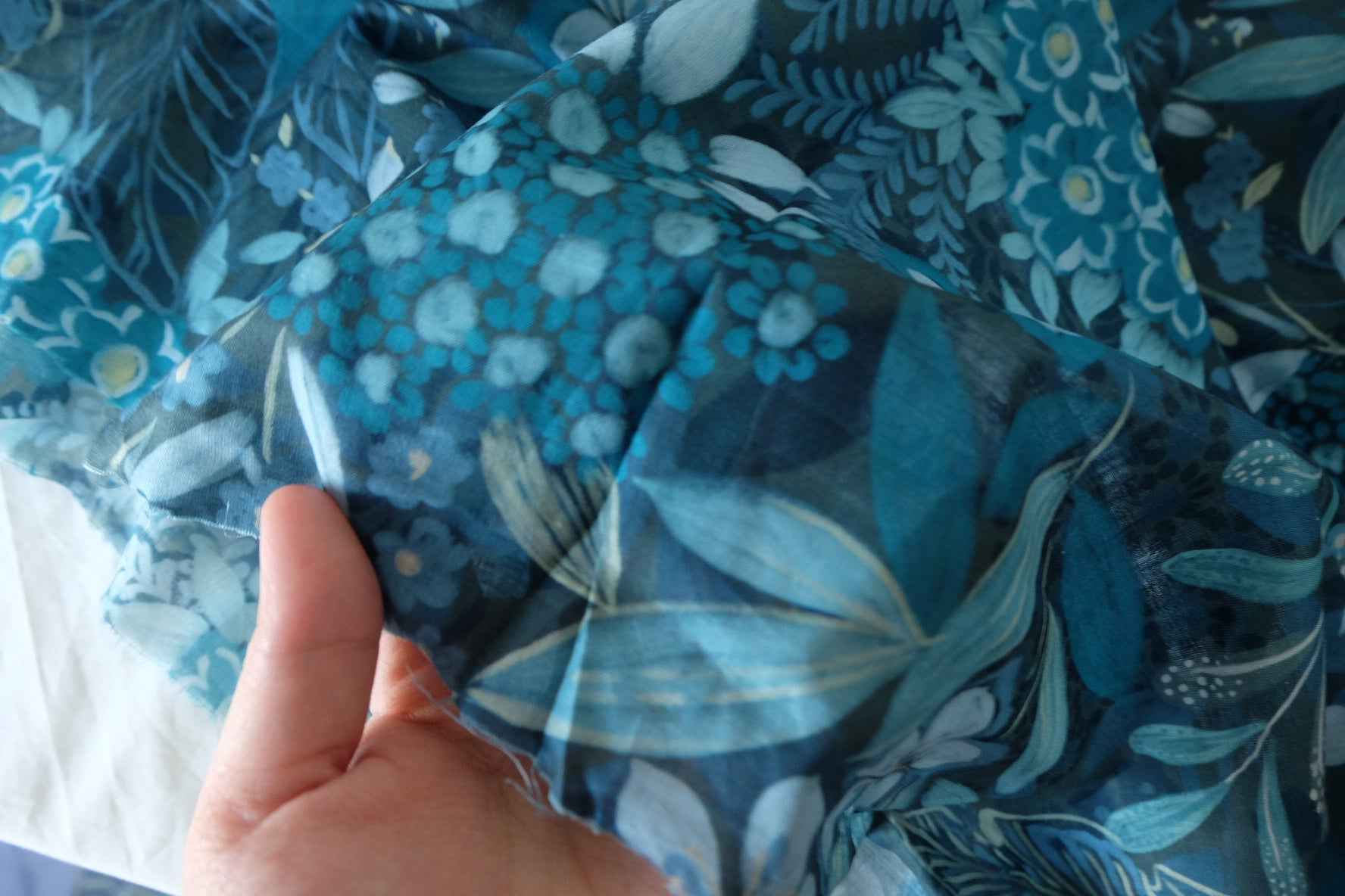Midnight Blue Botanical Garden Cotton Voile Fabric – Deep Floral Nature Print – 2.2 yd