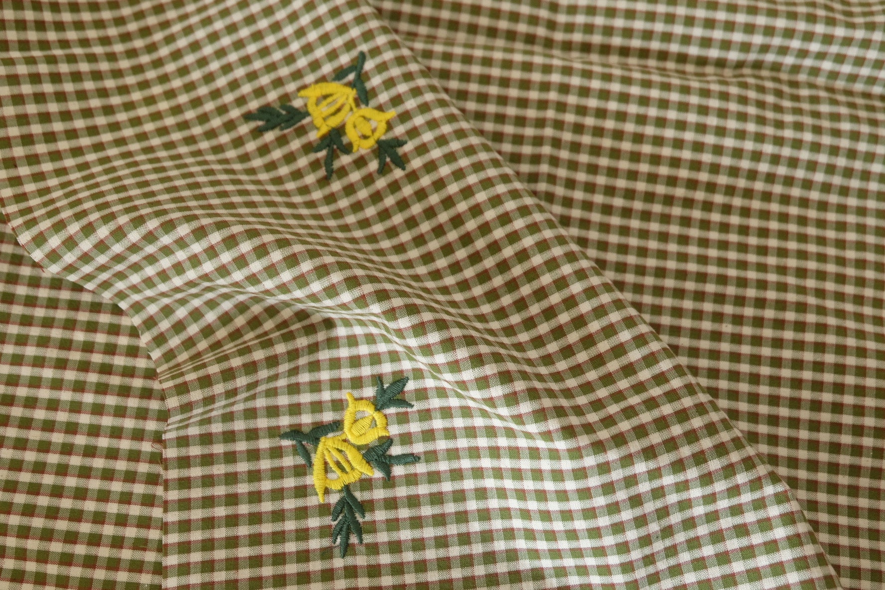 Embroidered Olive Gingham Cotton Fabric – Yellow Floral Detail – 1.1 yd
