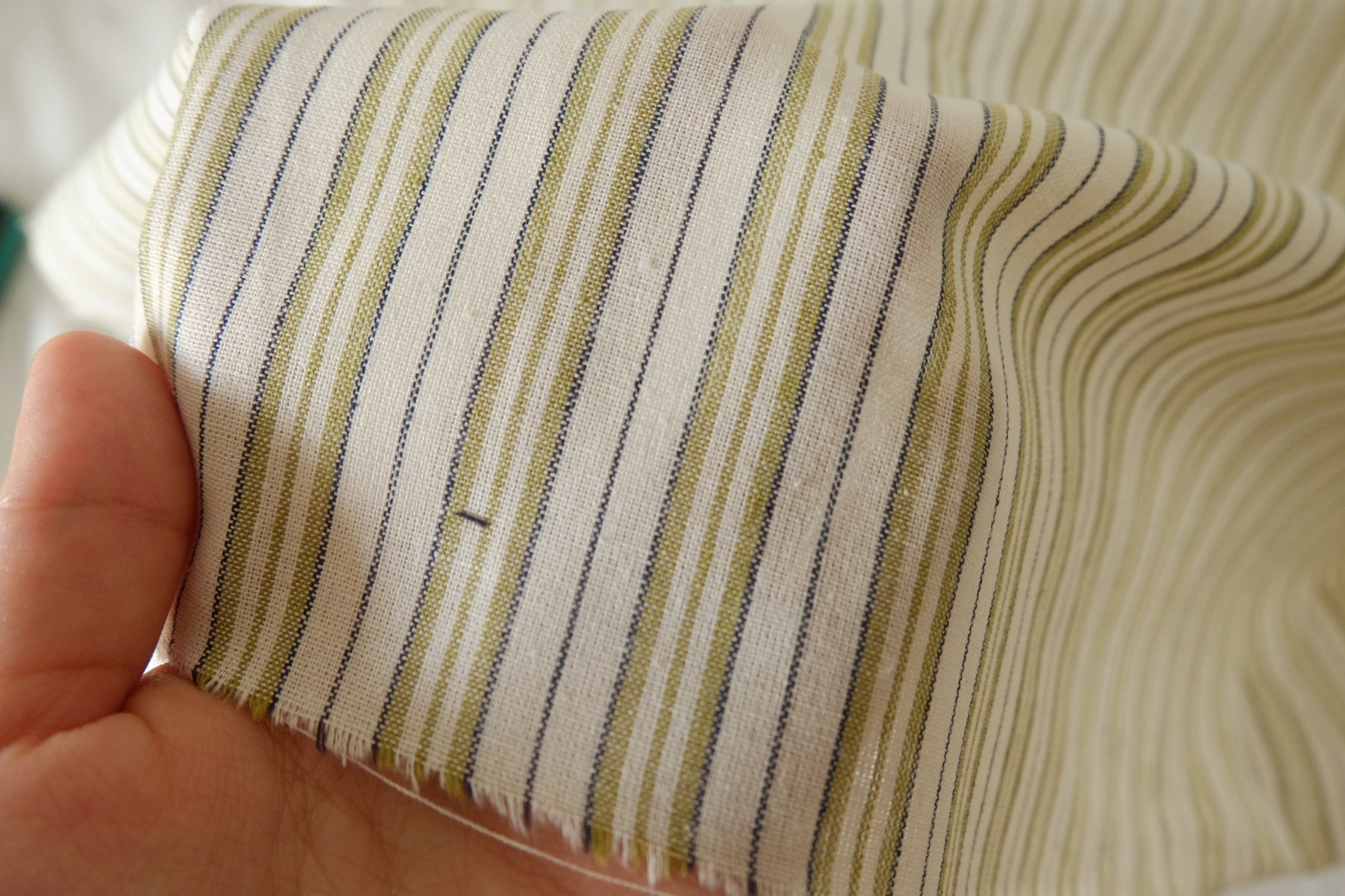Olive & Navy Striped Cotton Linen Fabric – 3.3 yd