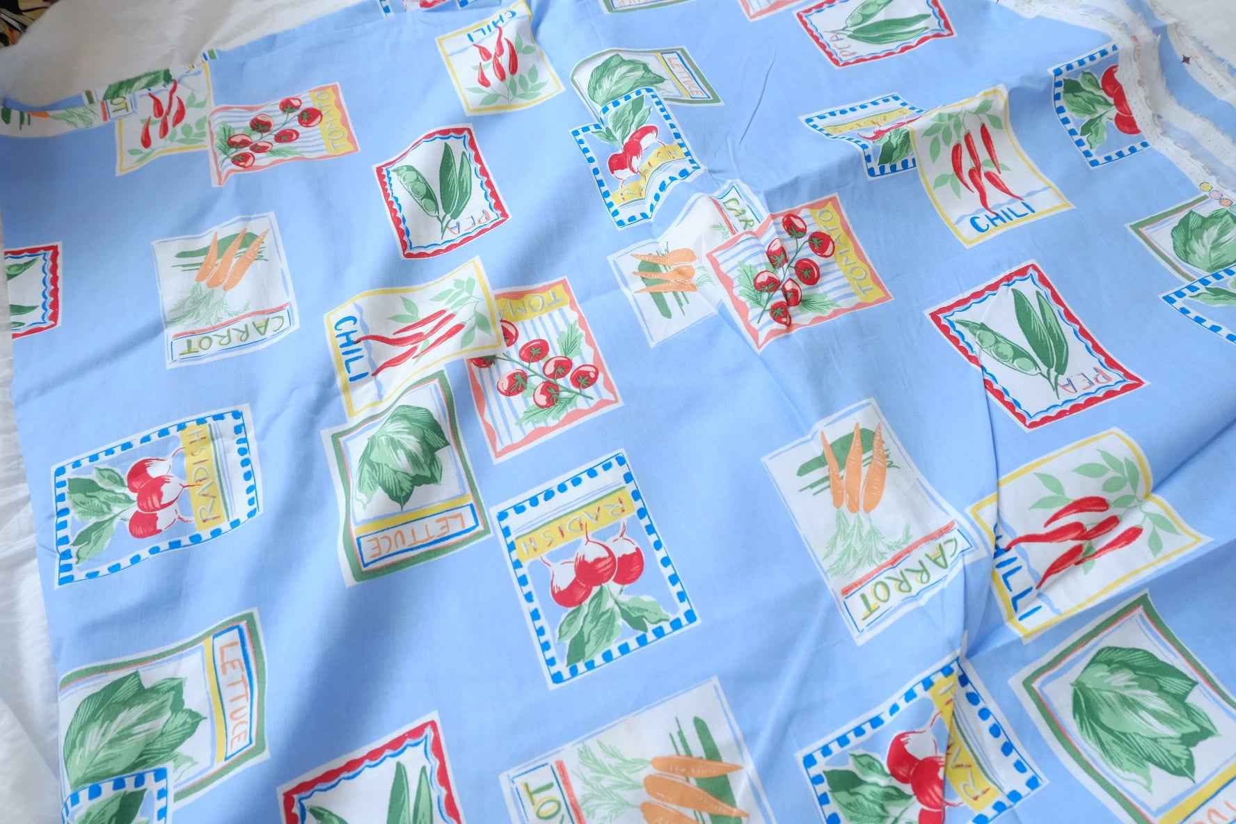 Playful Vegetable Print Cotton Fabric, Sky Blue Novelty Print, 1.64 Yards