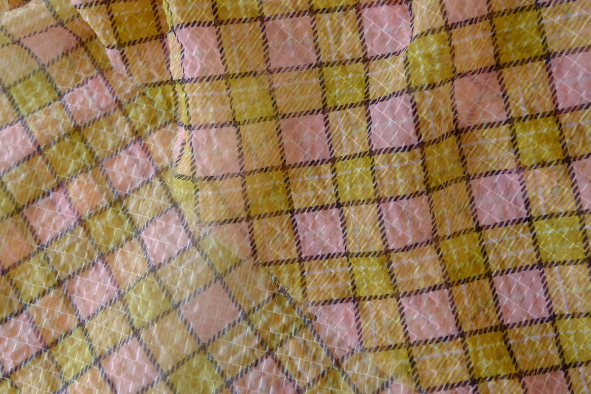 Retro Pink & Mustard Checked Crinkle Chiffon – 2.19 yd