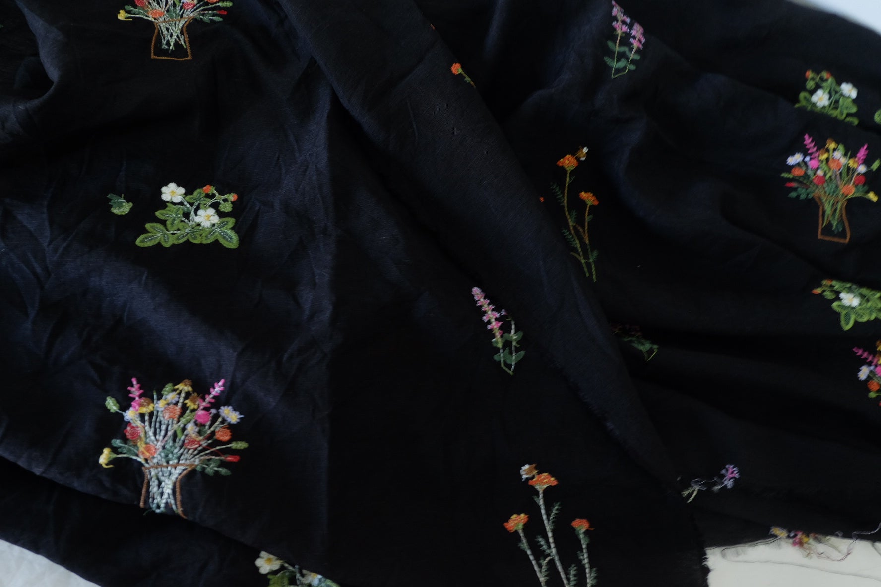 Black Embroidered Floral Tencel Cotton Fabric – 2.2 yd