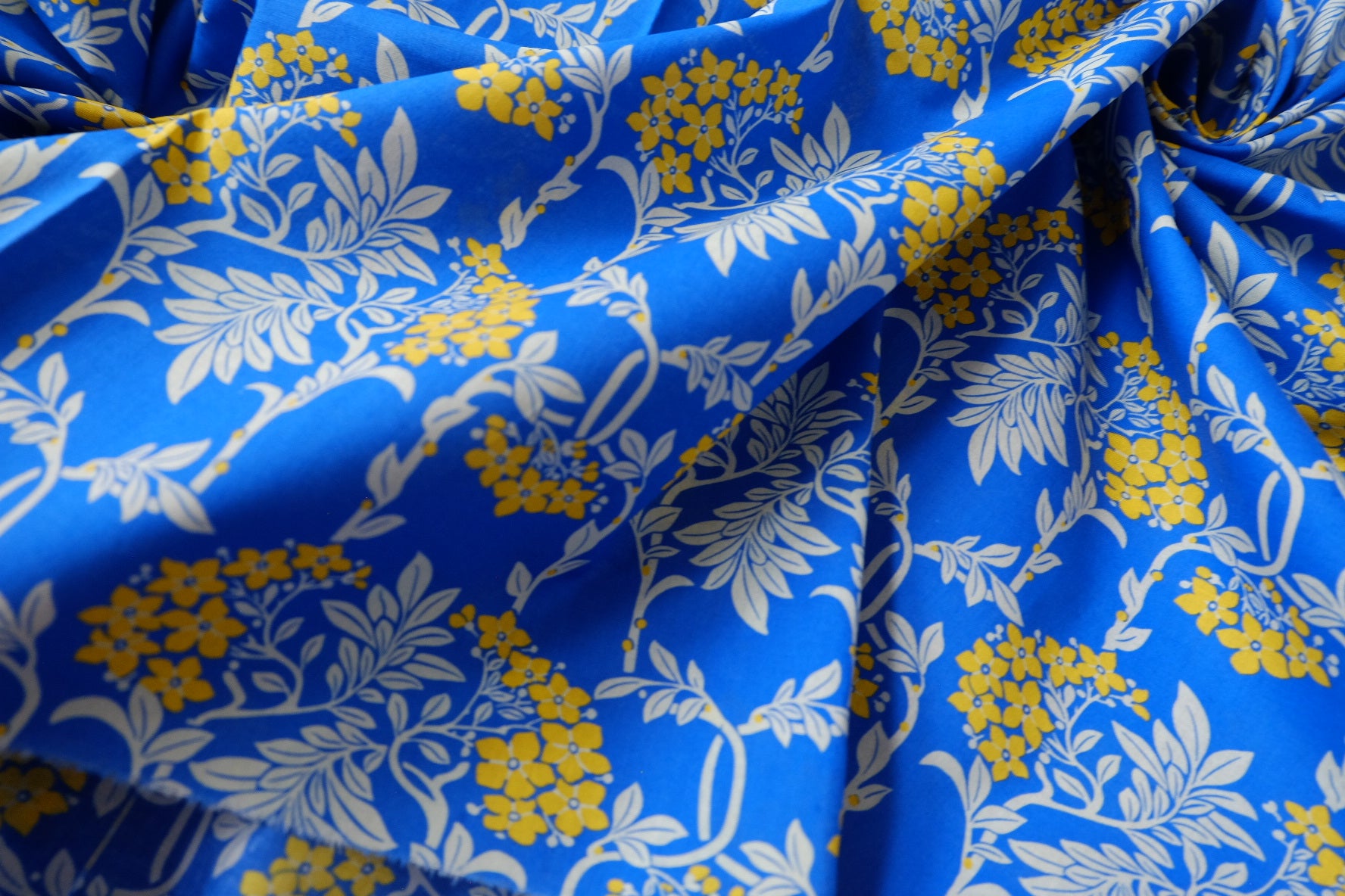 Blue Floral Silky Cotton Lawn Fabric - 2.19 yd