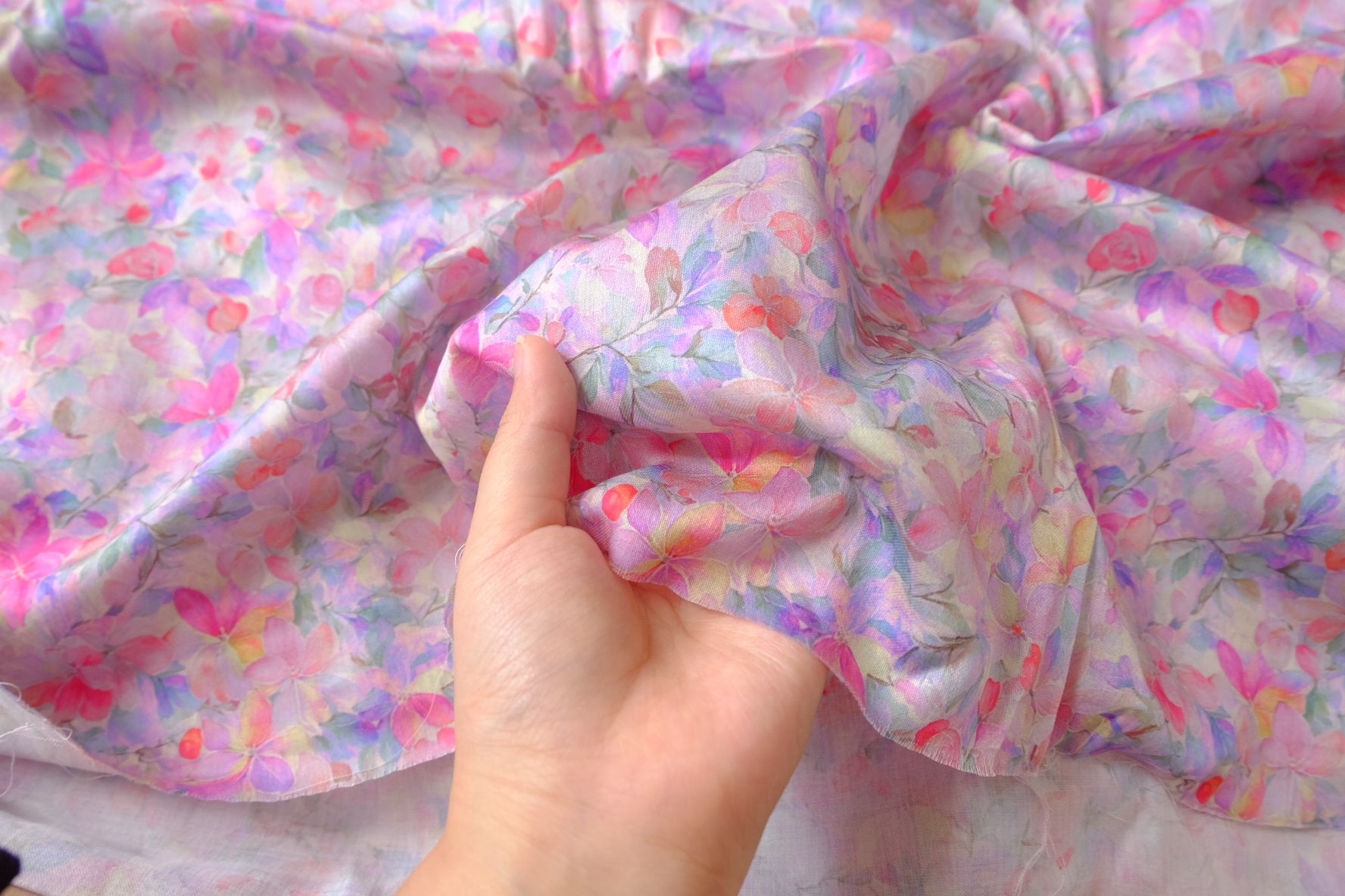 Watercolor Pink Floral Silky Cotton Sateen Fabric - 1.64 yd